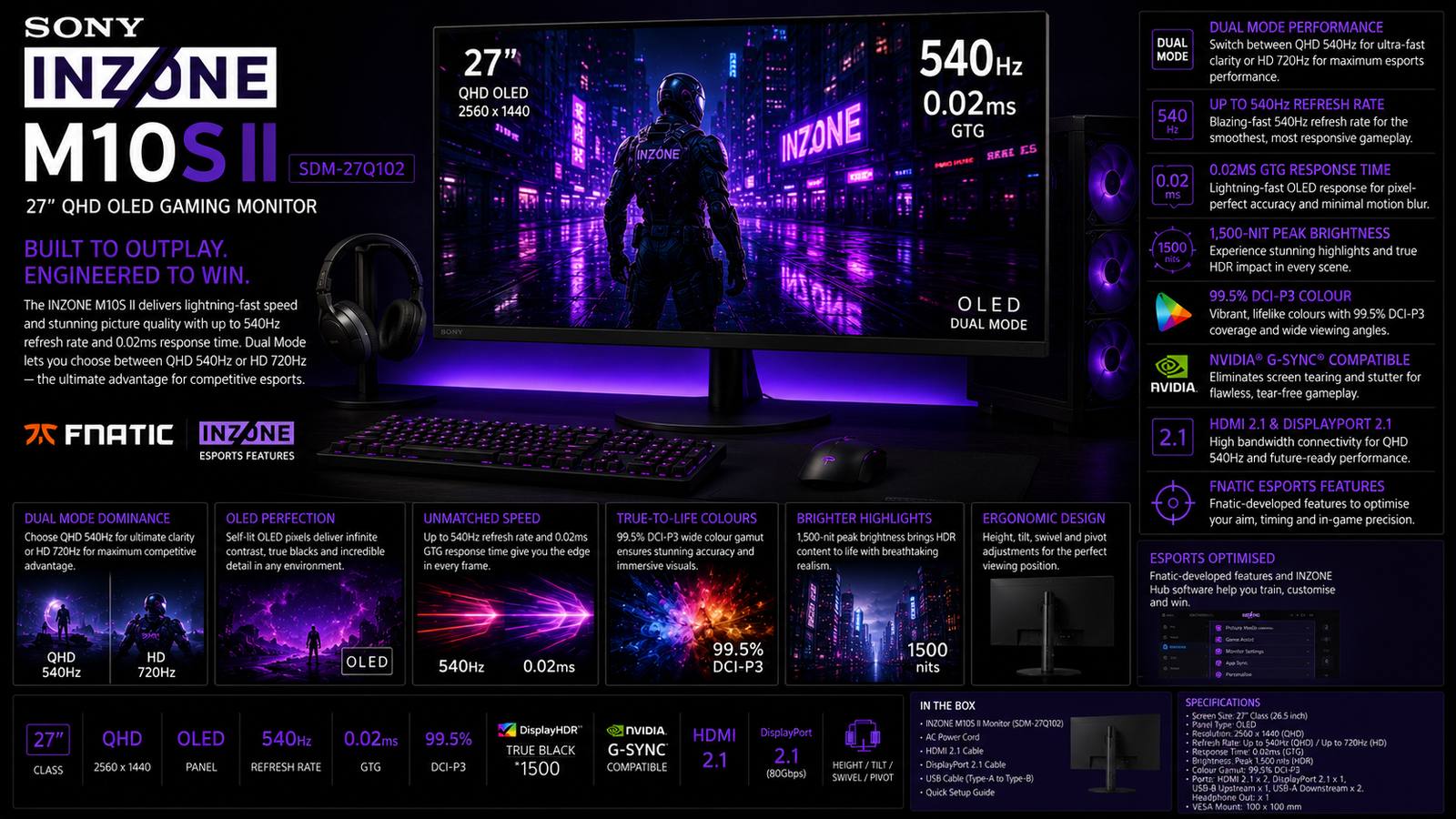 Sony INZONE M10S II SDM-27Q102 E16, 27-inch QHD OLED Gaming Monitor, 2560x1440, 540Hz, 720Hz Dual Mode, 0.02ms, 99.5% DCI-P3, 1500-Nit Peak, G-SYNC Compatible, HDMI 2.1, DisplayPort 2.1, 3-Year Warranty | SDM-27Q102 E16
